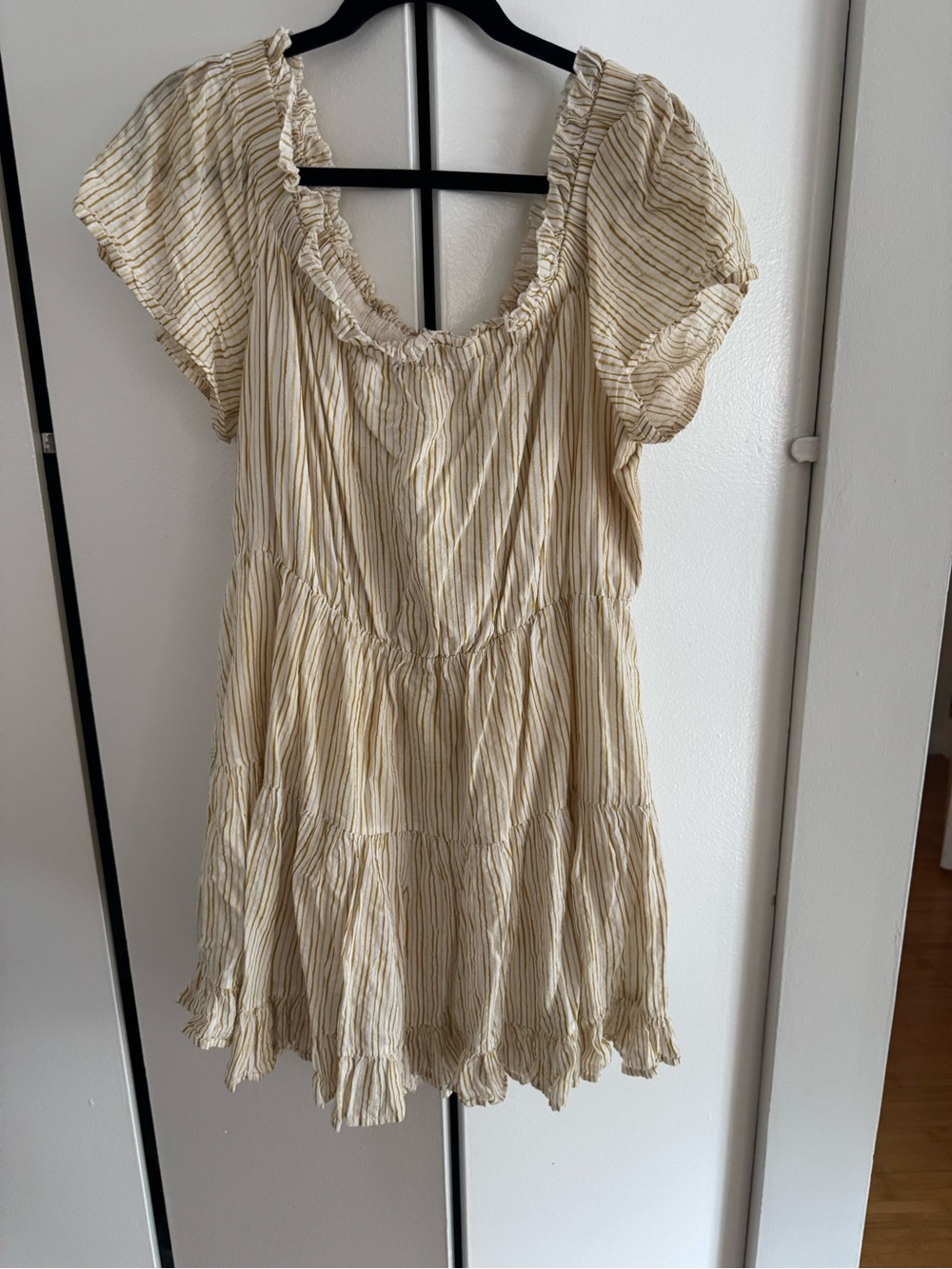 SHOWPO Wish Me Luck Stripe Off Shoulder Stripe Ruffle Mini Dress Sz 14